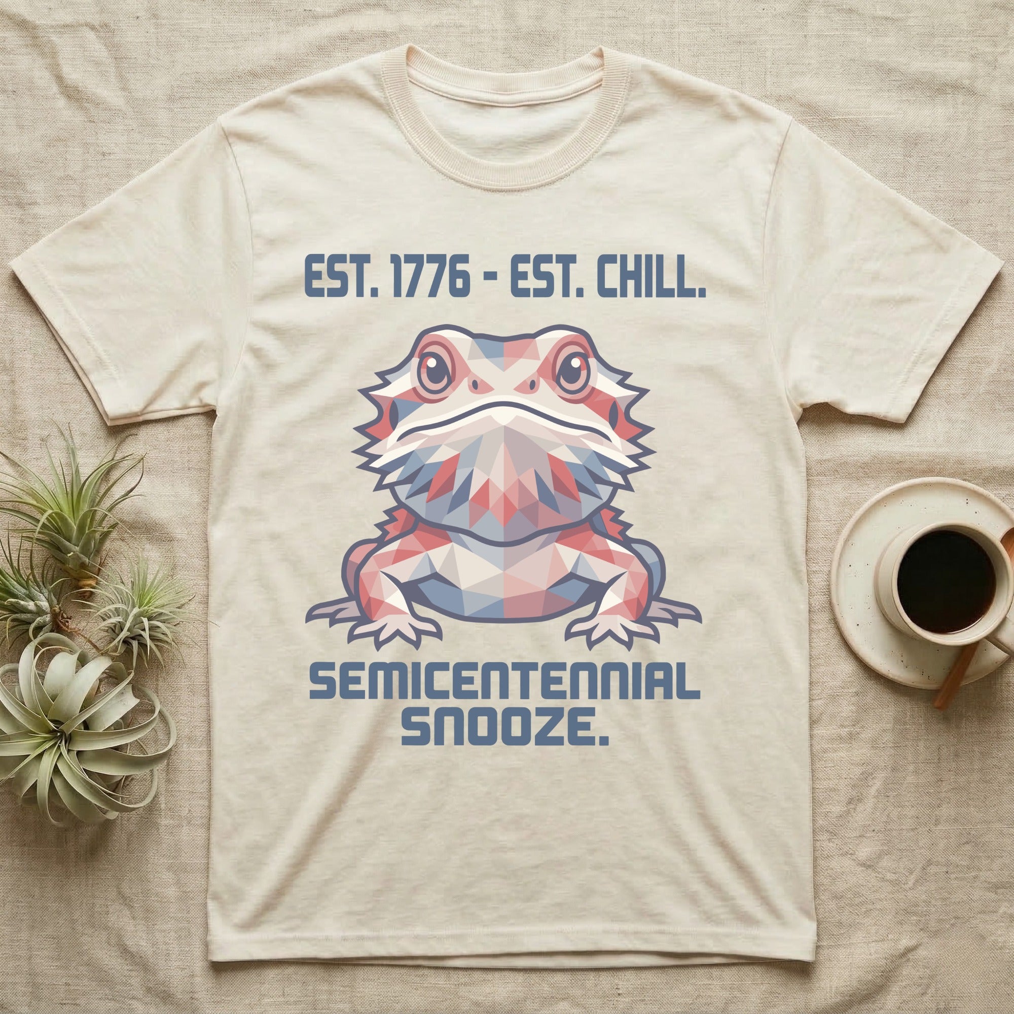 Bearded Dragon Geometric T-Shirt in Natural — Low-poly faceted bearded dragon portrait in muted tones with text Est. 1776 Est. Chill and Semicentennial Snooze.