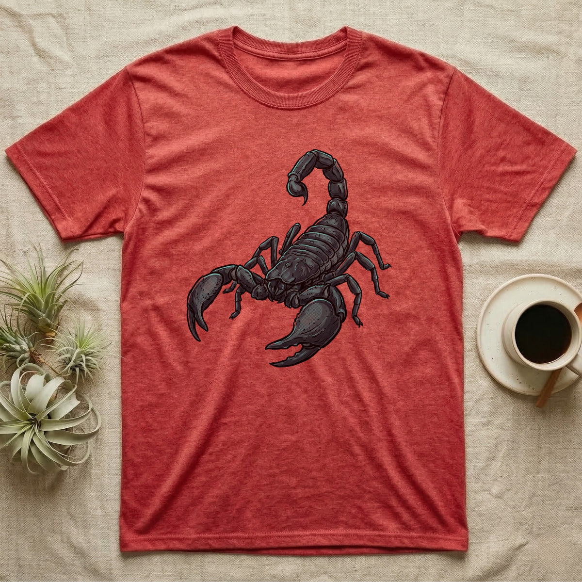 Glowing Emperor Scorpion T-Shirt in Heather Red — Bold flat illustration of an emperor scorpion traced with a glowing blacklight-teal UV rim on a grey background.