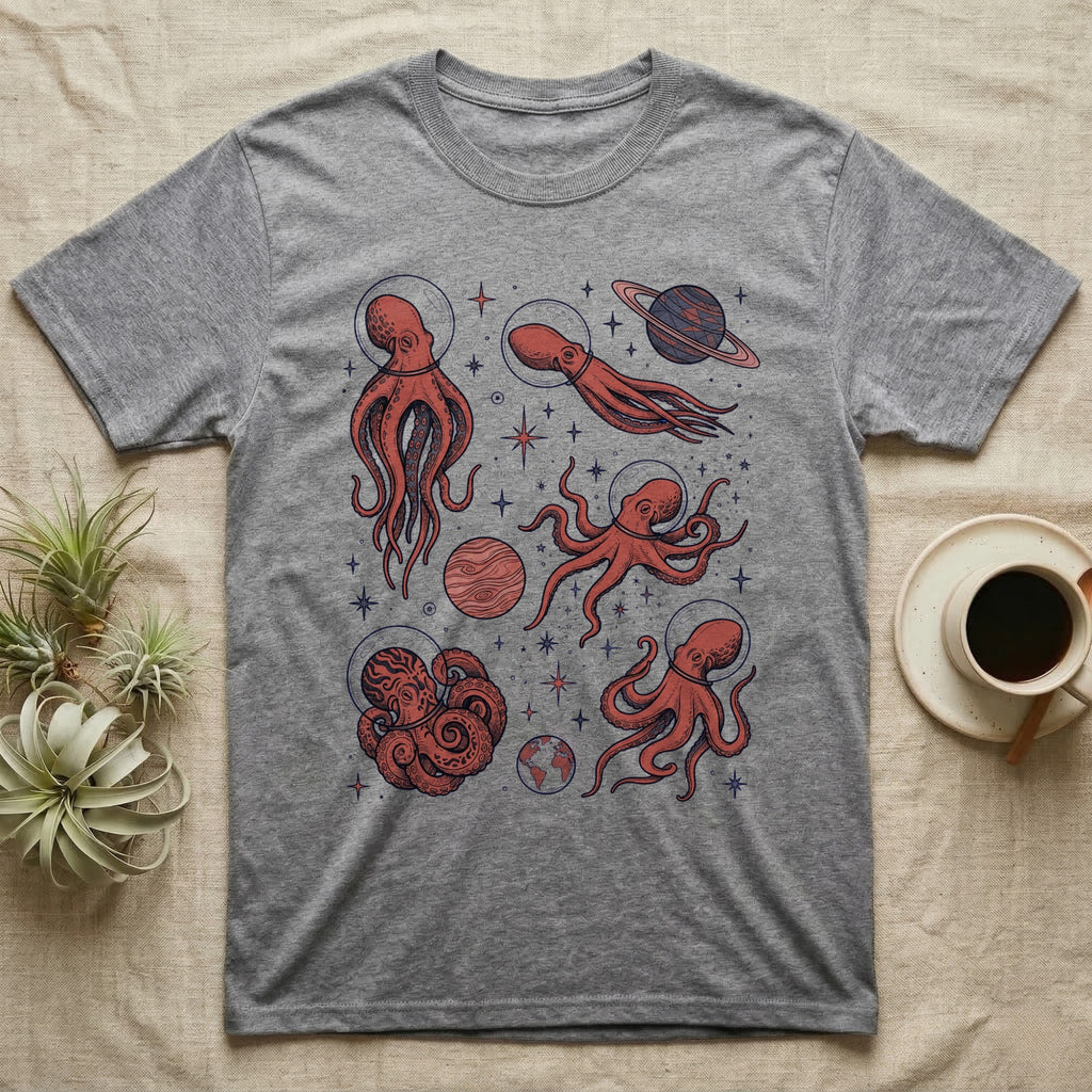 T-shirt with red octopuses in space, planets, and stars.