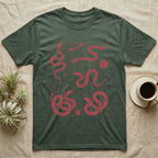 Corn Snake Cosmic T-Shirt in Military Green — Vintage screen-print illustration of corn snakes in astronaut helmets floating in space, cosmic crimson monochromatic on dark background.