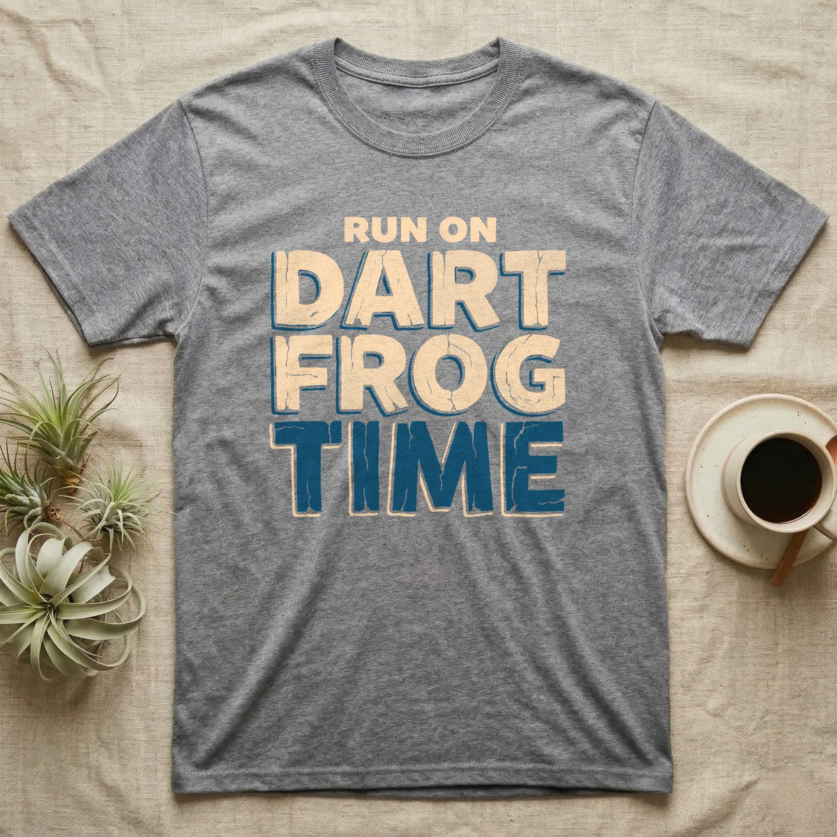 Dart Frog Time T-Shirt in Sport Grey — Distressed-block wordmark reading run on dart frog time in a bold two-tier chest lockup, text only.