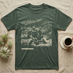 In Premolt Tarantula T-Shirt in Military Green — Dark macro illustration of a tarantula curled in its hide with a small tag reading "In Premolt, Do Not Perceive Me."