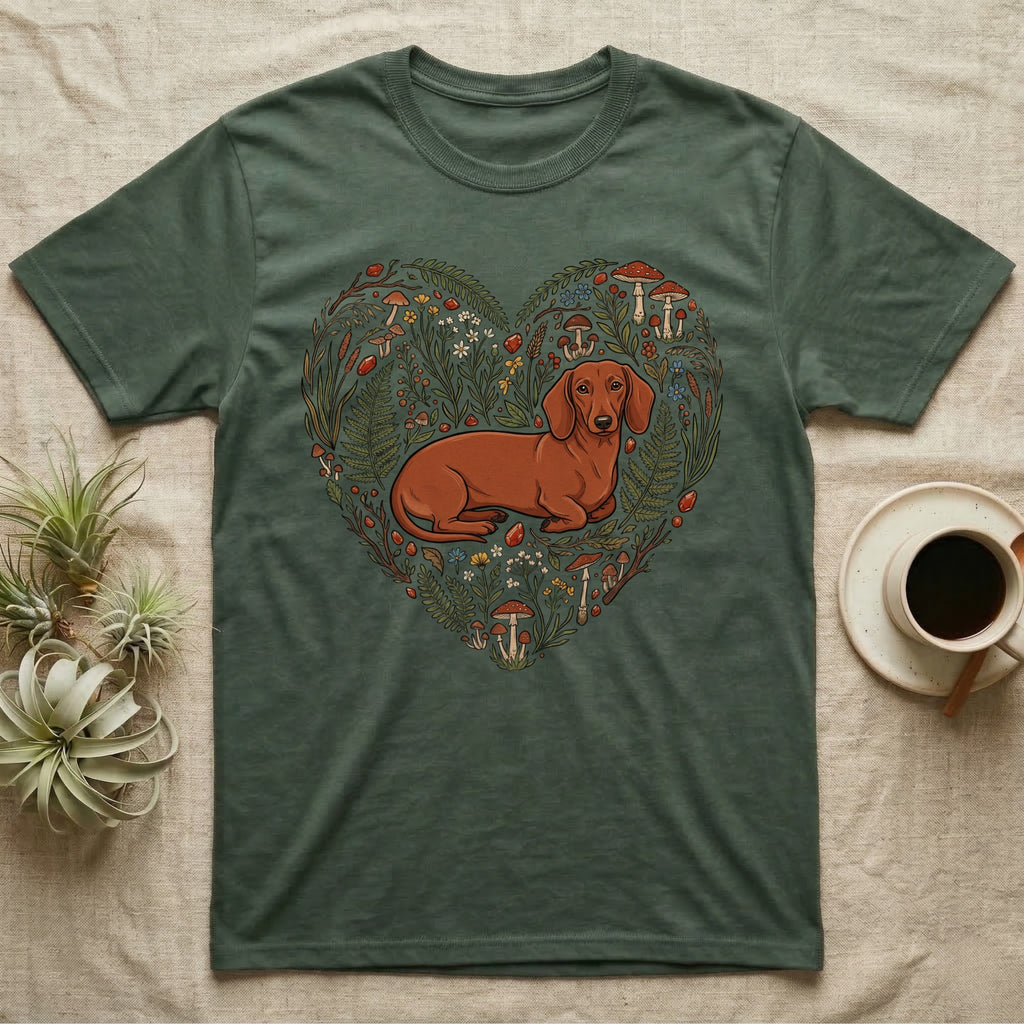 Green t-shirt with a heart-shaped floral design featuring a dachshund.