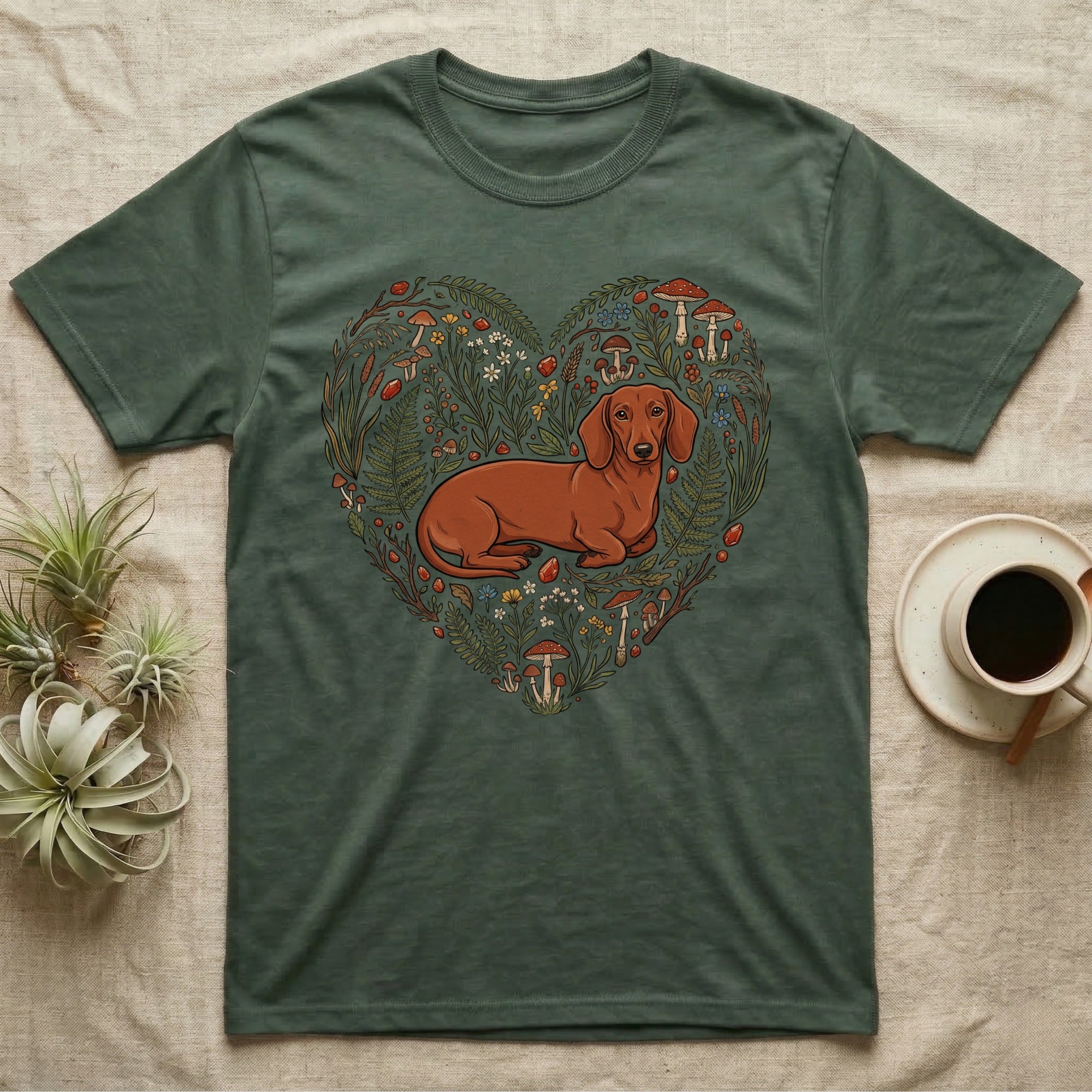 Green t-shirt with a heart-shaped floral design featuring a dachshund.