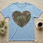 Crested gecko nestled in moss and mushrooms forming a heart shape on a blue t-shirt.