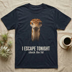 Photographic mugshot of a corn snake coiled and staring into the lens above the hook I Escape Tonight, check the lid. — shown on a Navy tee.