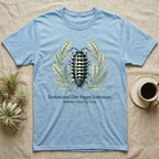 Zebra Isopod Copperplate T-Shirt in Light Blue — Copperplate engraving of a banded zebra isopod wreathed in oak leaves above serif dirt puppy text.