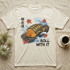 Rubber Ducky Isopod Ukiyo-e T-Shirt in Natural — Ukiyo-e woodblock rubber ducky isopod on cork bark among waves and maple leaves, "Roll With It".