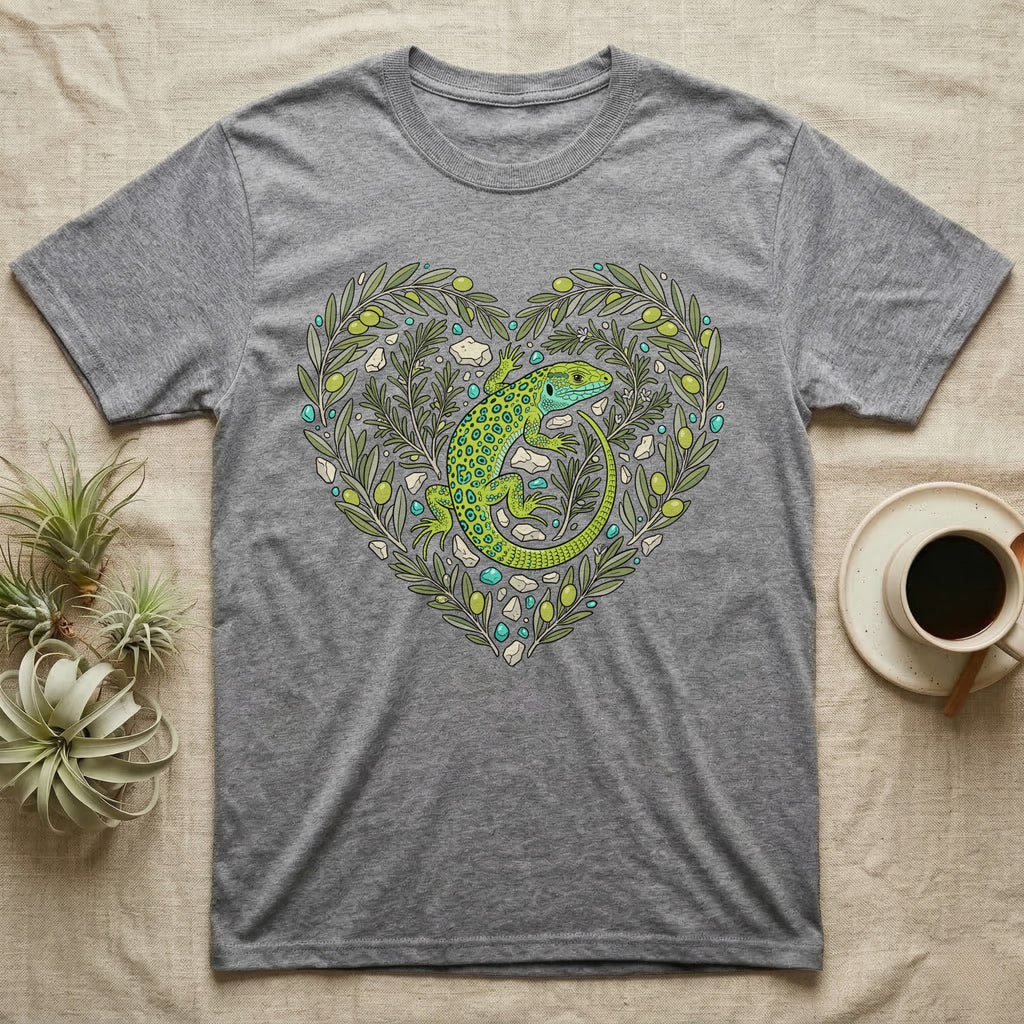 Grey t-shirt with green lizard and olive branch heart design.