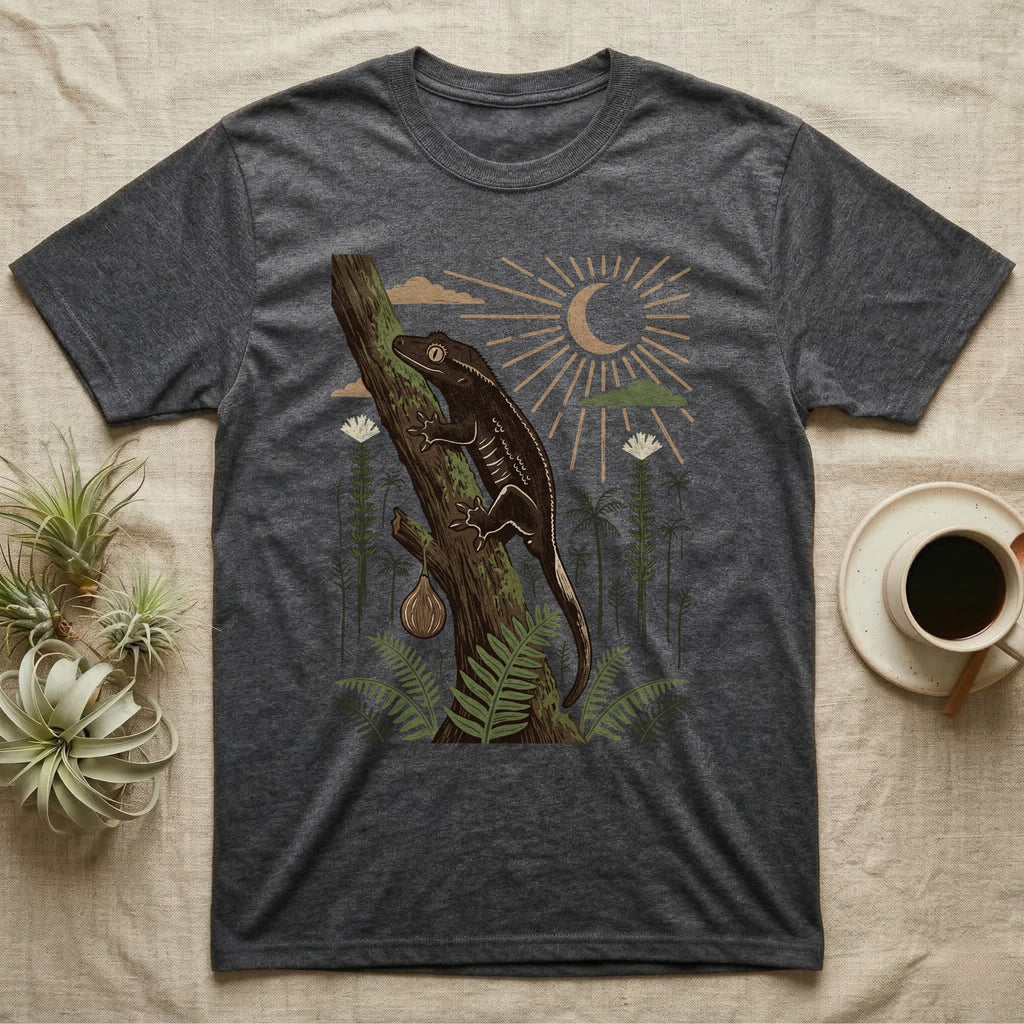 Crested Gecko Home Range T-Shirt in Dark Heather — Woodcut-style illustration of a crested gecko clinging head-up to a mossy rainforest trunk among tree ferns, no on-shirt text.