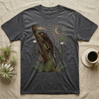 Crested Gecko Home Range T-Shirt in Dark Heather — Woodcut-style illustration of a crested gecko clinging head-up to a mossy rainforest trunk among tree ferns, no on-shirt text.