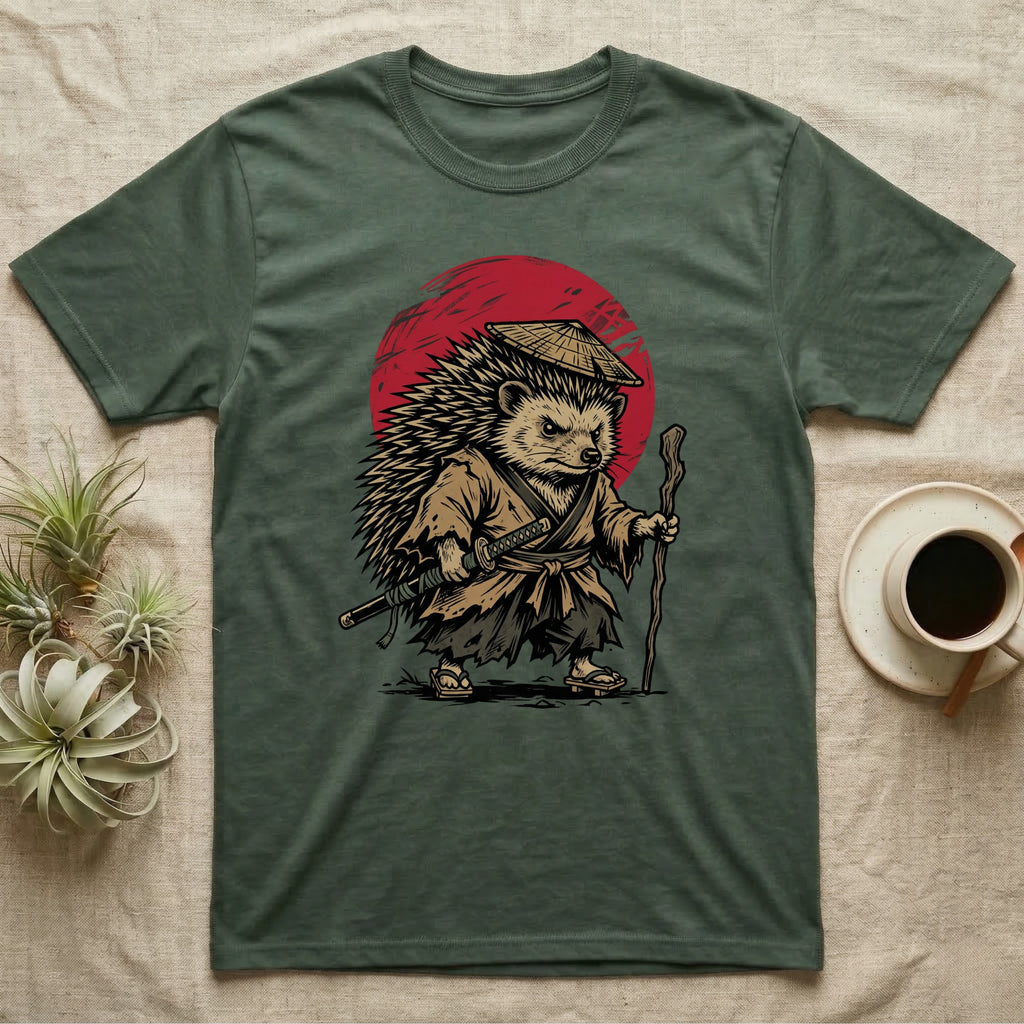 Samurai hedgehog wearing a straw hat and holding a sword and staff.