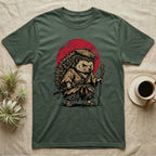 Samurai hedgehog wearing a straw hat and holding a sword and staff.