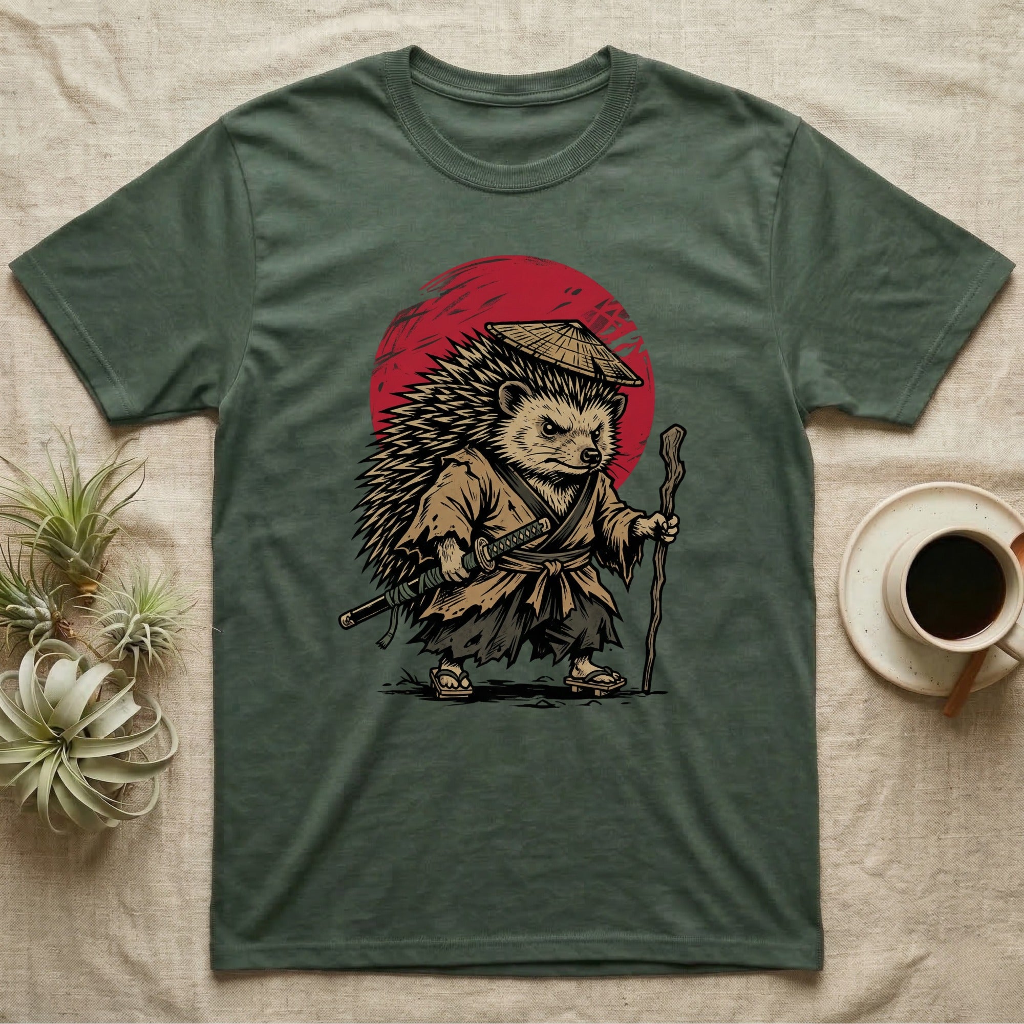 Samurai hedgehog wearing a straw hat and holding a sword and staff.