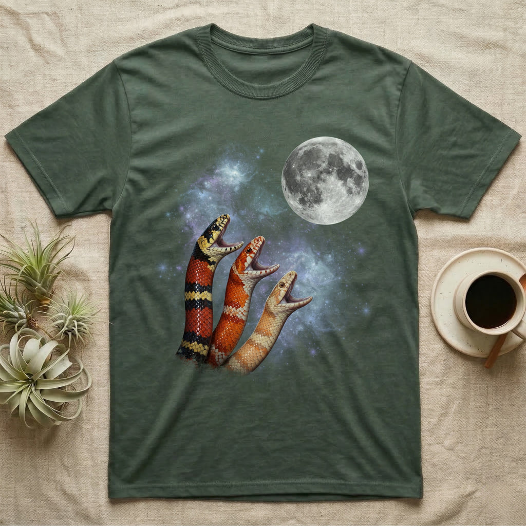 Milk Snake Moon Howl T-Shirt in Military Green — Three Milk Snake colour morphs howling at a full moon over a nebula on a dark grey t-shirt.