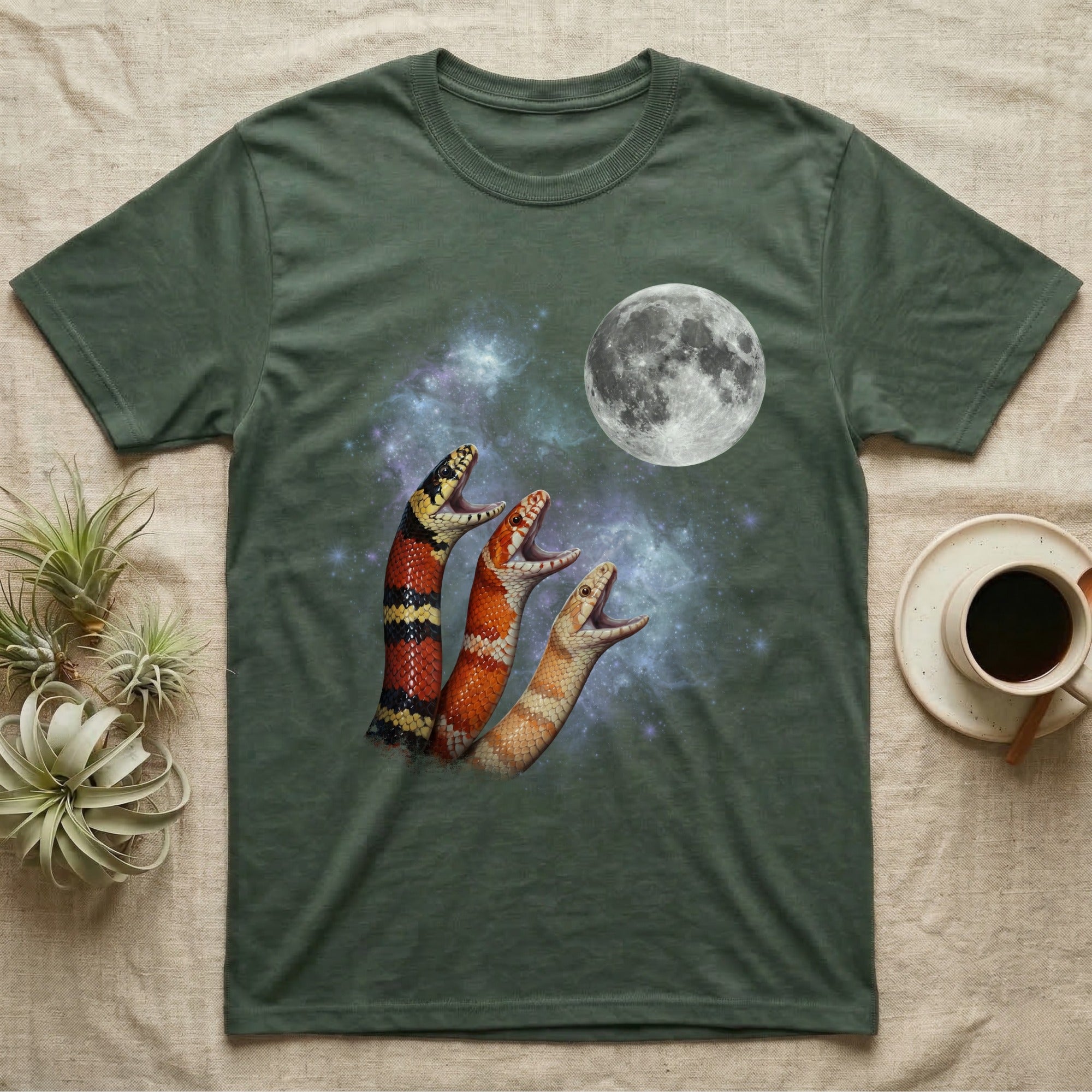 Milk Snake Moon Howl T-Shirt in Military Green — Three Milk Snake colour morphs howling at a full moon over a nebula on a dark grey t-shirt.