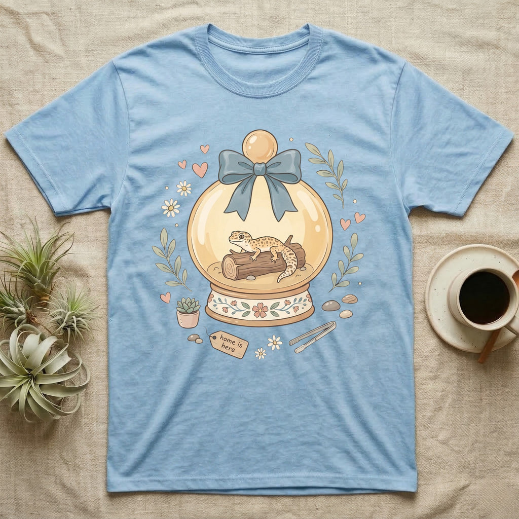 Light blue t-shirt featuring a snow globe with a gecko and "Home is here" tag.