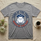 American Toad Emblem T-Shirt in Sport Grey — Round emblem of a white American toad silhouette in a tricorn hat with text Land of the Free, Home of the Hop.