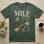 Budgett's Frog MILF T-Shirt in Military Green — Seven Budgett's frogs in a cut-out photo collage under the huge cream word MILF, man I love budgett's frogs.