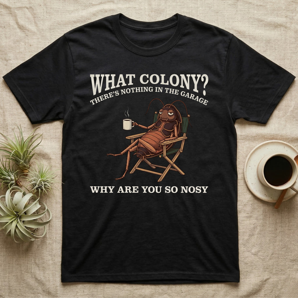 Reptile Roach Colony T-Shirt in Black — Vintage engraving of a dubia roach lounging in a camp chair with coffee under arched text What Colony on charcoal grey