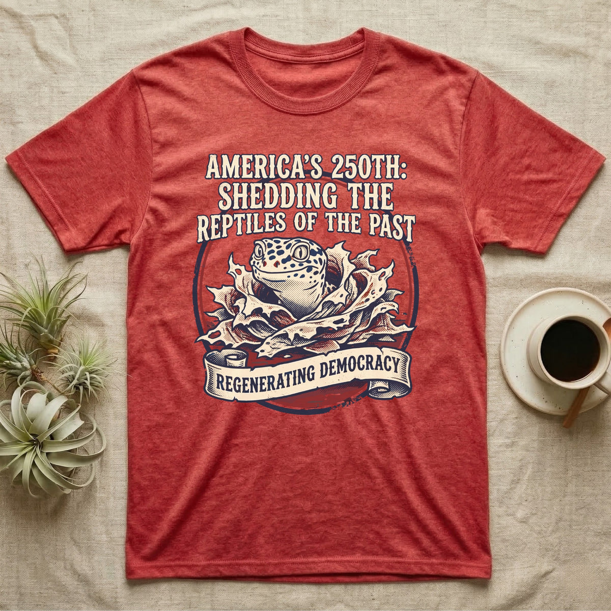 Leopard Gecko Shedding Tee in Heather Red — Vintage badge of a leopard gecko emerging from its shed skin, navy and red emblem reading Shedding The Reptiles Of The Past, on black.