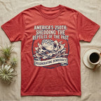 Leopard Gecko Shedding Tee in Heather Red — Vintage badge of a leopard gecko emerging from its shed skin, navy and red emblem reading Shedding The Reptiles Of The Past, on black.