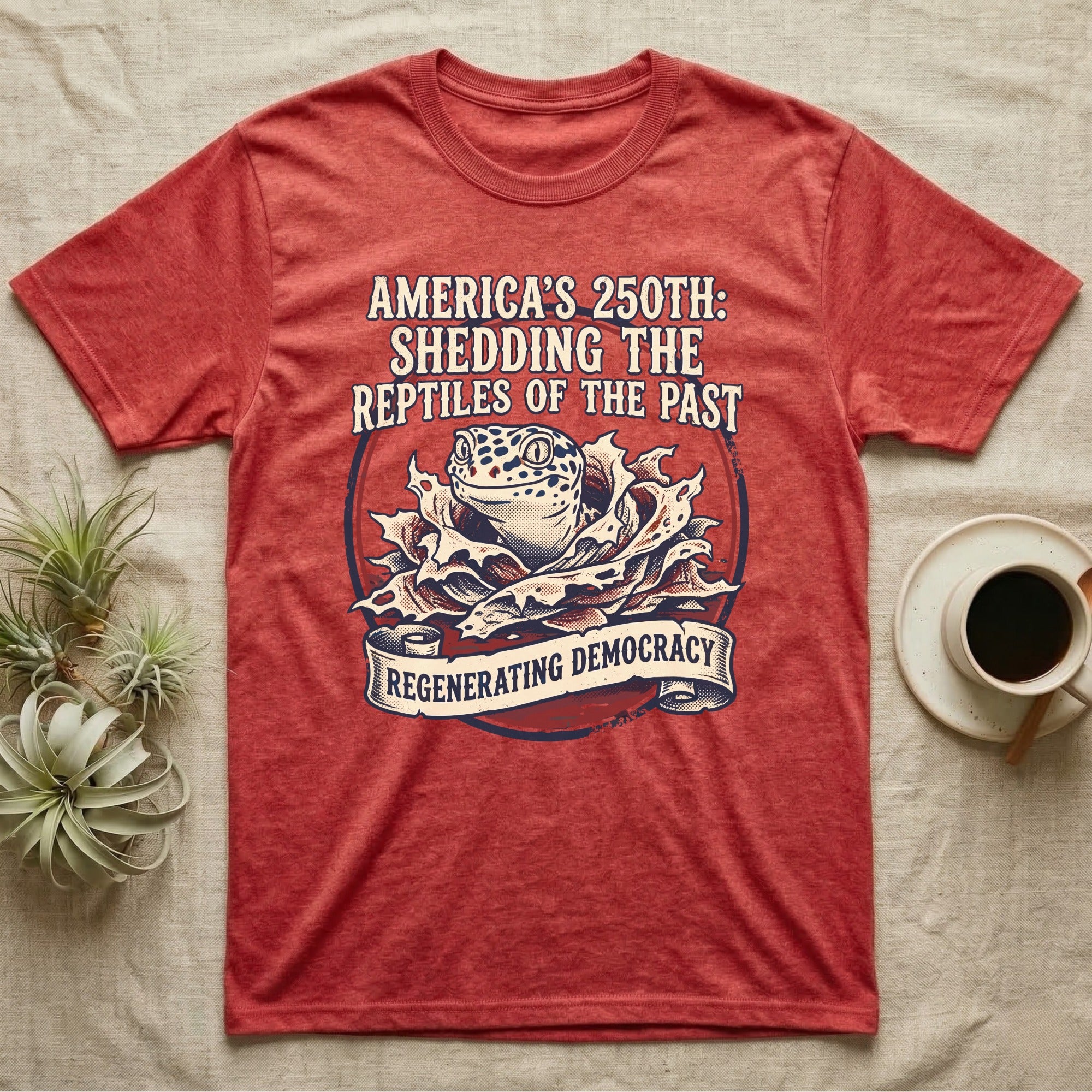 Leopard Gecko Shedding Tee in Heather Red — Vintage badge of a leopard gecko emerging from its shed skin, navy and red emblem reading Shedding The Reptiles Of The Past, on black.