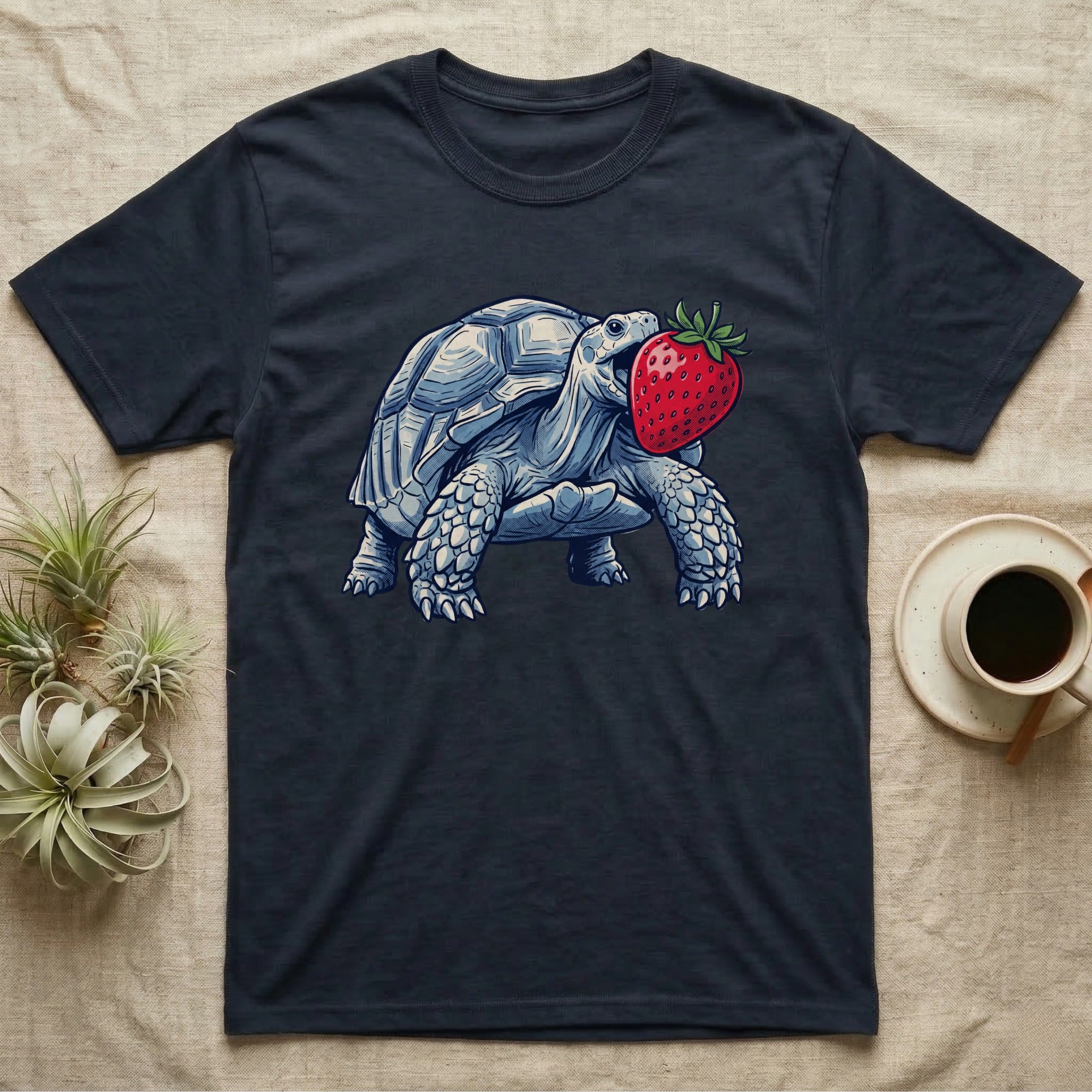 Sulcata Strawberry Tortoise T-Shirt in Navy — Bold vector illustration of a sulcata tortoise lunging neck-first toward an oversized red strawberry, head-on view.