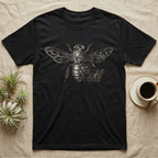 Black t-shirt with a detailed bee and honeycomb graphic.