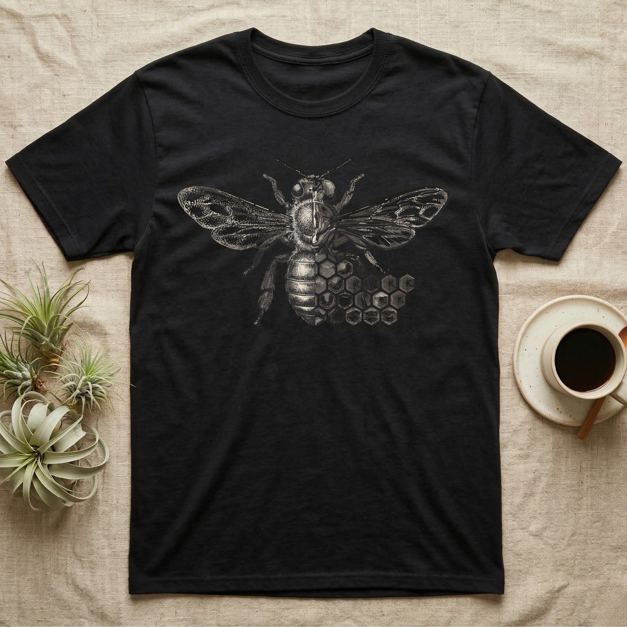 Black t-shirt with a detailed bee and honeycomb graphic.