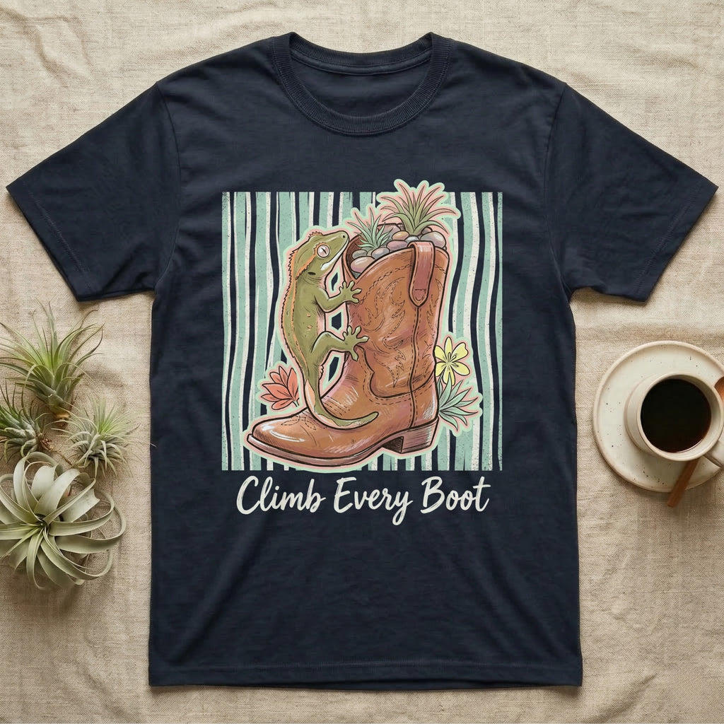 Gekko on a cowboy boot with plants and text "Climb Every Boot".