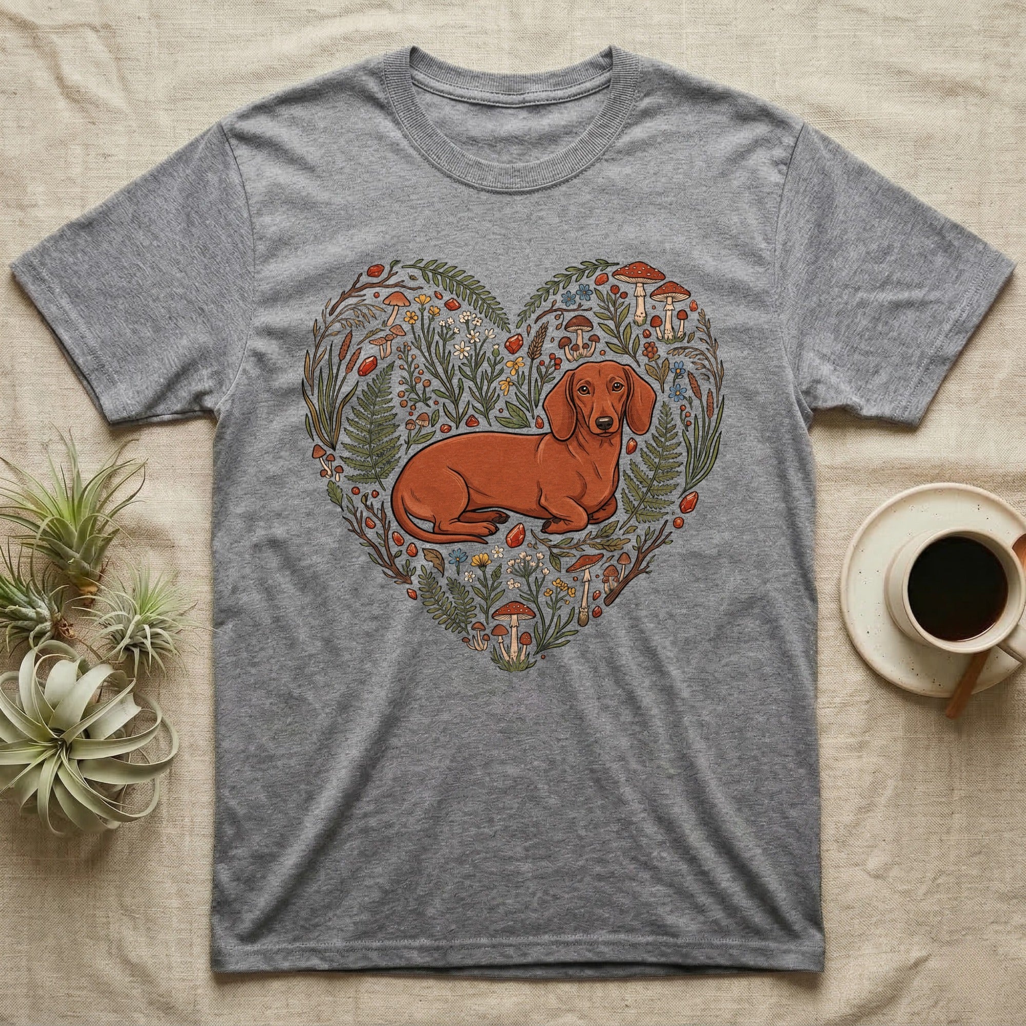 Grey t-shirt with a heart-shaped woodland design featuring a dachshund.