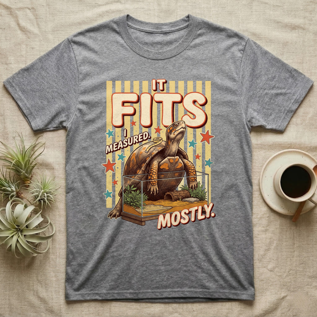 Box Turtle Enclosure Upgrade T-Shirt in Sport Grey — Engraved box turtle sitting beside a huge planted glass terrarium under fat IT FITS club lettering.