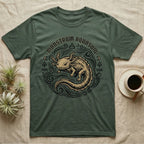 Dark green t-shirt with a golden axolotl and "Monstrum Aquosum" text.