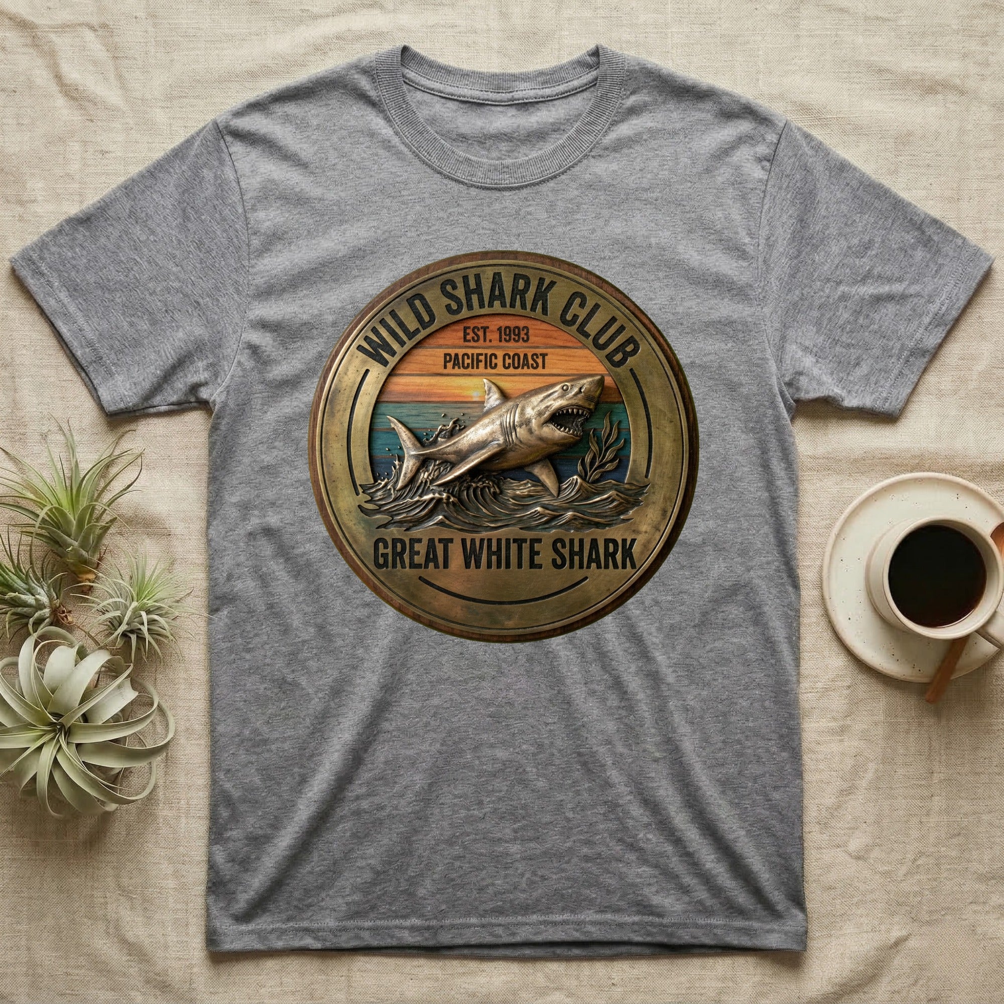Gray t-shirt with round "Wild Shark Club Pacific Coast Great White Shark" graphic.
