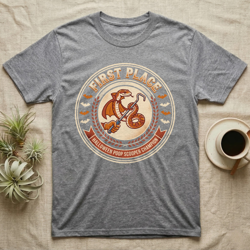 Corn Snake Poop Scooper Champion T-Shirt in Sport Grey — Vintage award badge with a caped corn snake holding a scoop hook, "First Place Halloween Poop Scooper Champion."
