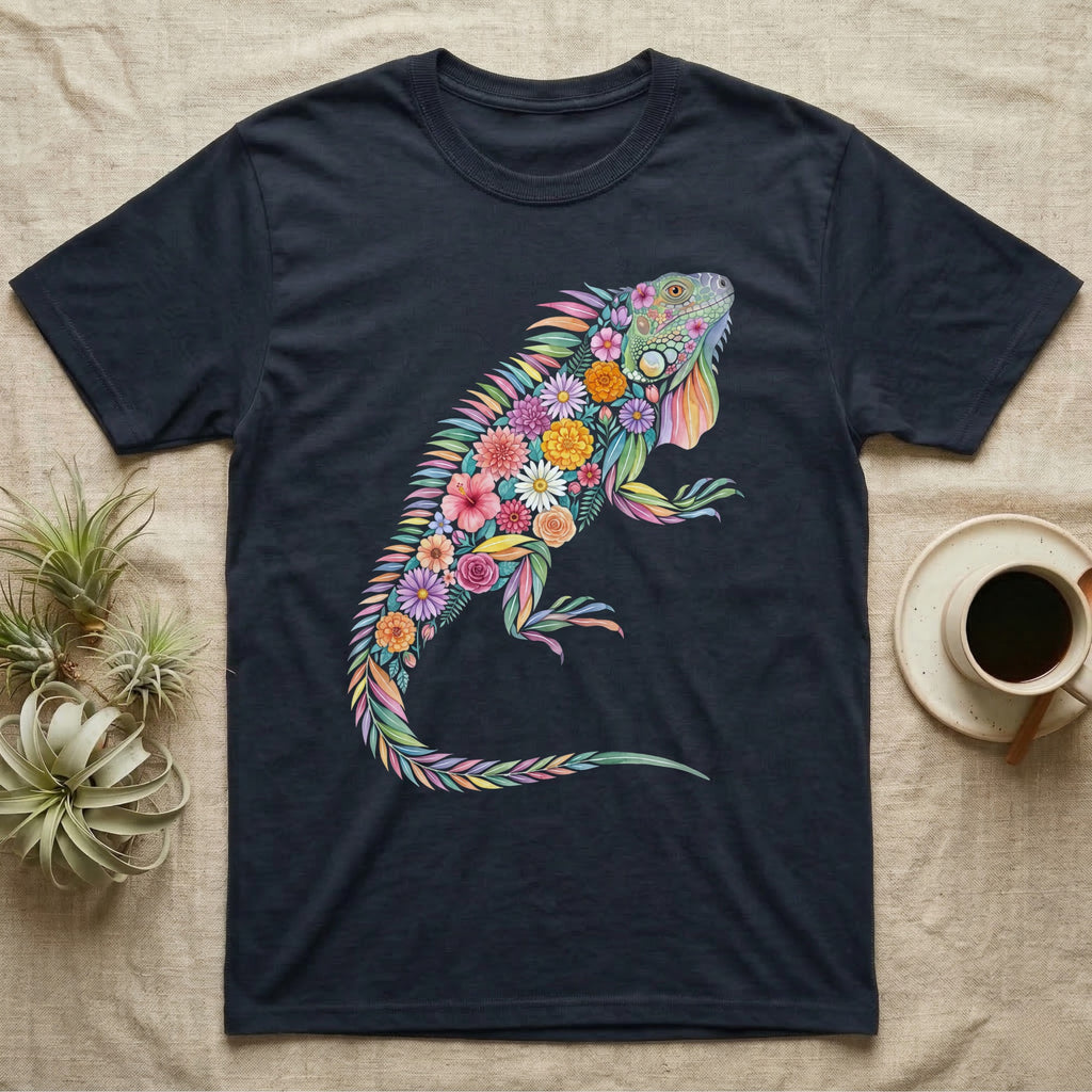 Green Iguana Floral Mosaic T-Shirt in Navy — Watercolour green iguana climbing, its whole body built from painted hibiscus, dandelion and leaf shapes.