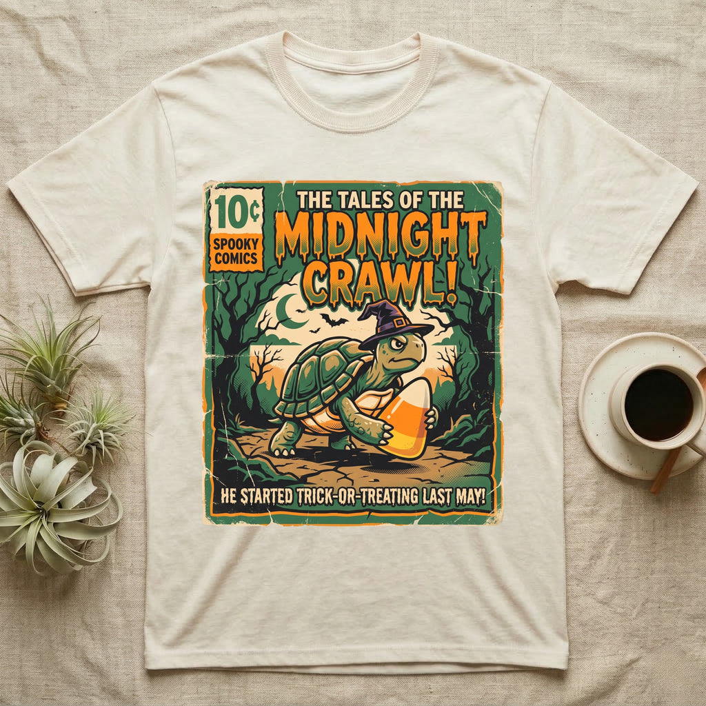 Tortoise Midnight Crawl Comic T-Shirt in Natural — Vintage comic cover of a witch-hatted tortoise with candy corn in a moonlit forest, "Tales of the Midnight Crawl."