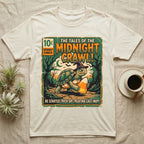 Tortoise Midnight Crawl Comic T-Shirt in Natural — Vintage comic cover of a witch-hatted tortoise with candy corn in a moonlit forest, "Tales of the Midnight Crawl."