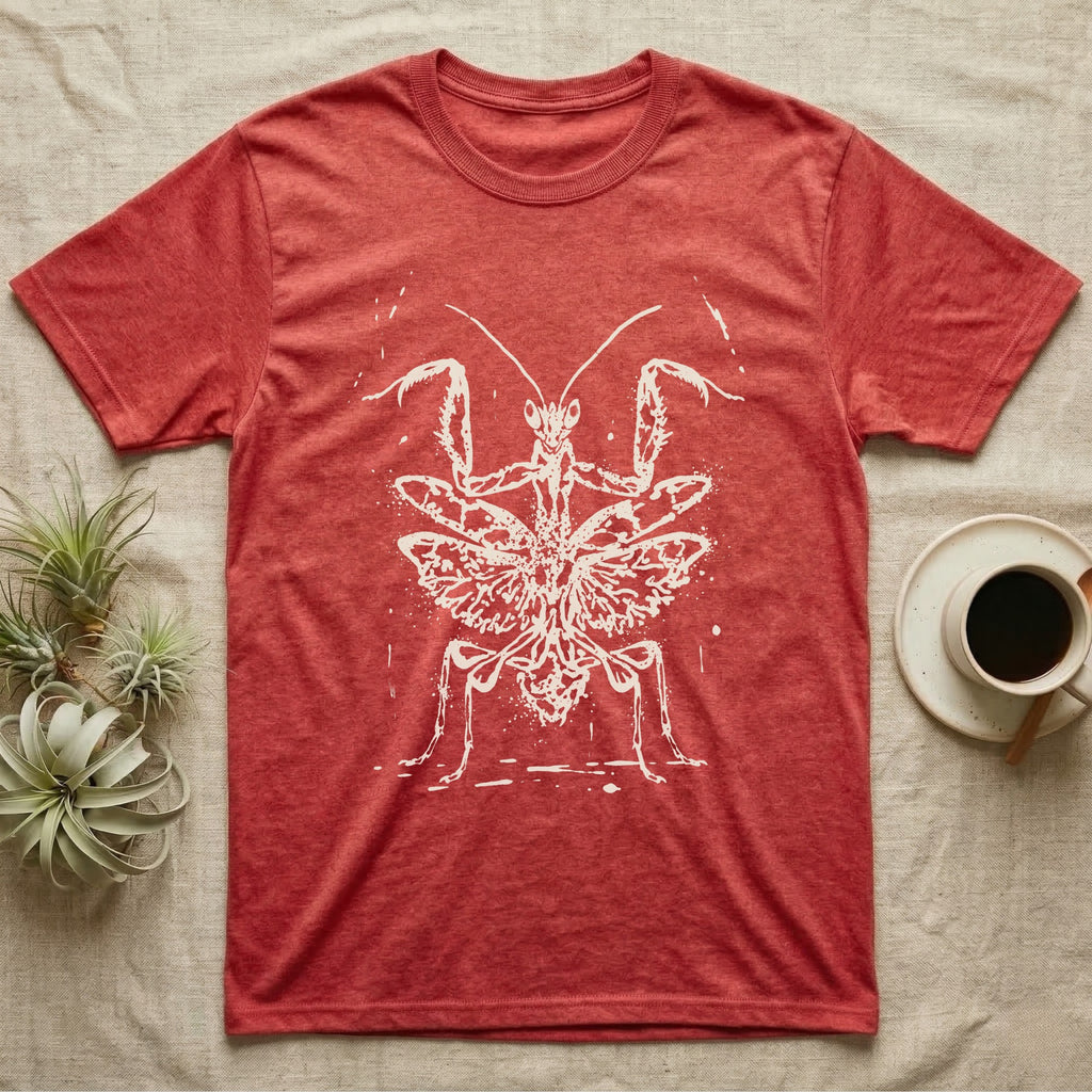Orchid Mantis Threat Display T-Shirt in Heather Red — Bleach-spatter stencil illustration of an orchid mantis reared square-on into a full threat display.