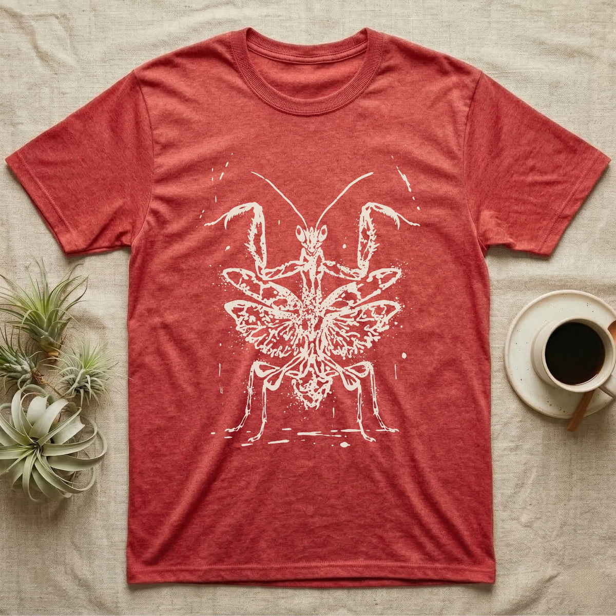 Orchid Mantis Threat Display T-Shirt in Heather Red — Bleach-spatter stencil illustration of an orchid mantis reared square-on into a full threat display.