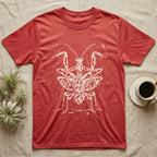 Orchid Mantis Threat Display T-Shirt in Heather Red — Bleach-spatter stencil illustration of an orchid mantis reared square-on into a full threat display.