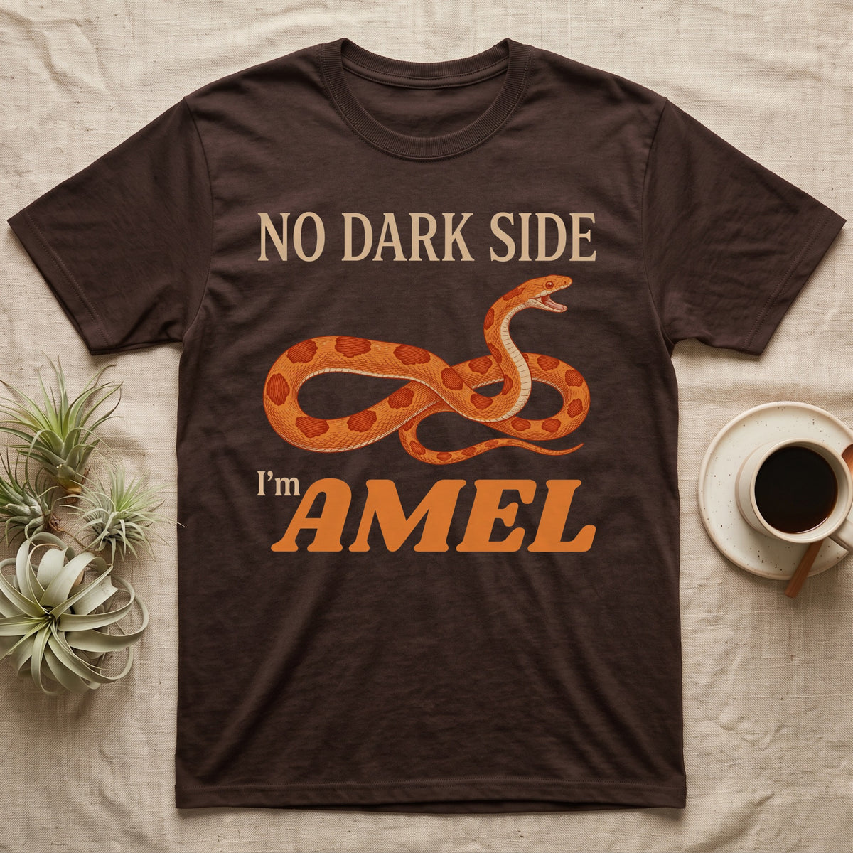Amel Corn Snake T-Shirt in Dark Chocolate — Orange engraved amel corn snake with orange-red saddles mid-hiss between peach and orange lettering reading NO DARK SIDE, I'm AMEL