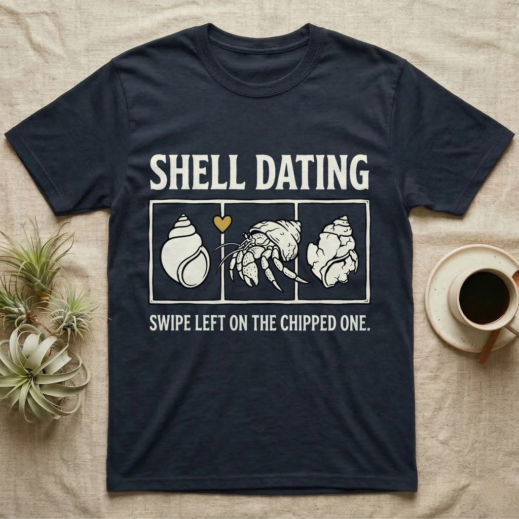 Hermit Crab Shell Dating T-Shirt in Navy — Vintage-ink hermit crab leaning toward a pristine shell, chipped shell on the right, carved type "Shell Dating. Swipe Left."