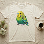 Cream t-shirt with illustration of a green and yellow budgie.