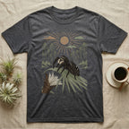 Jumping Spider Home Range T-Shirt in Dark Heather — Woodcut-style illustration of a regal jumping spider perched on a saw palmetto blade with pines behind, no on-shirt text.