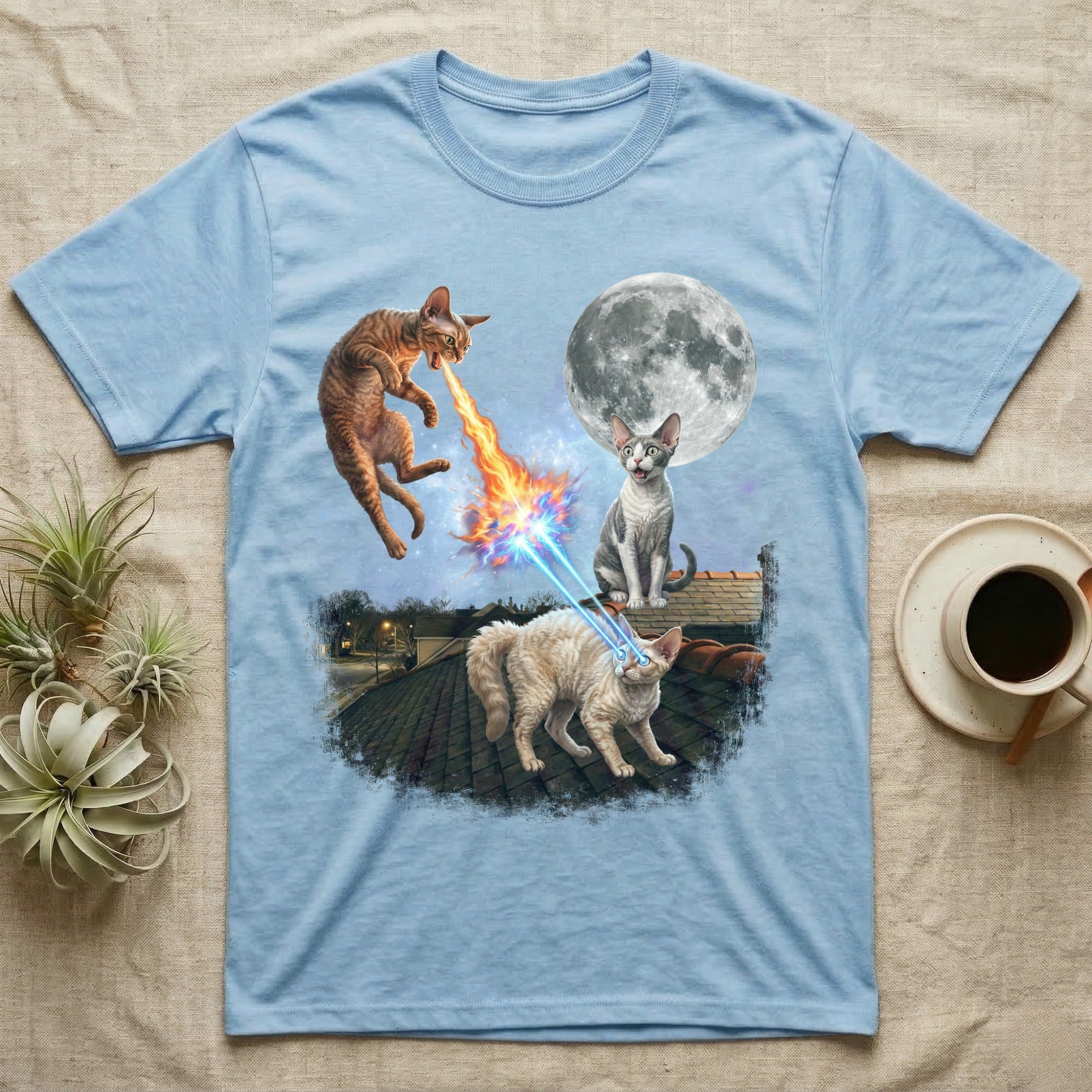 Cats on a roof shooting lasers at the moon with a coffee cup.