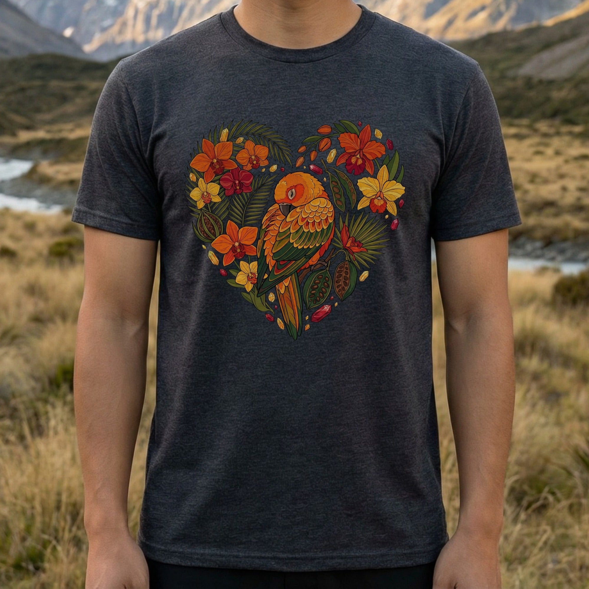 Tropical Parrot Heart Design Graphic T-shirt
