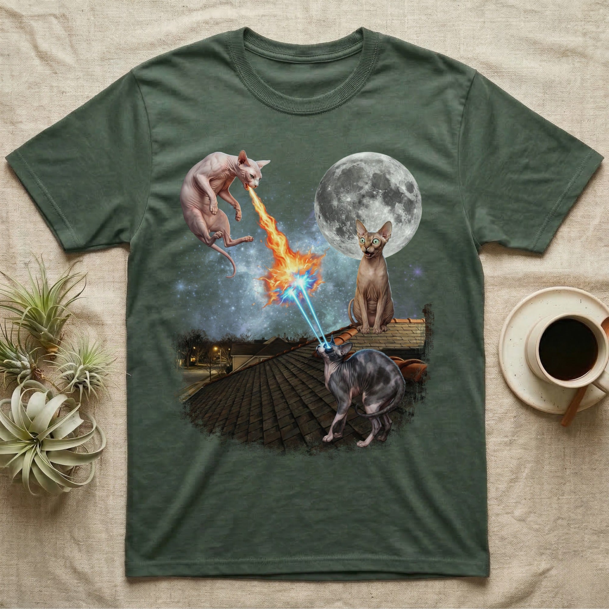 Sphynx cats shooting lasers on a rooftop under a full moon.