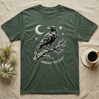Dark green t-shirt with a raven on a branch design and "EMBRACE THE QUIET" text.